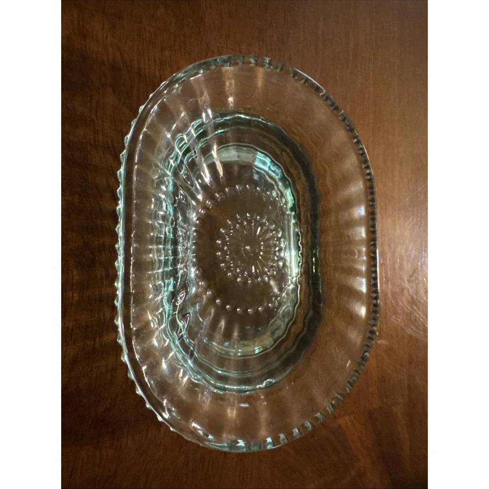 Vintage Aqua Blue Glass Soap Dish Rectangle Beaded Ribbed Bathroom Vanity Tray